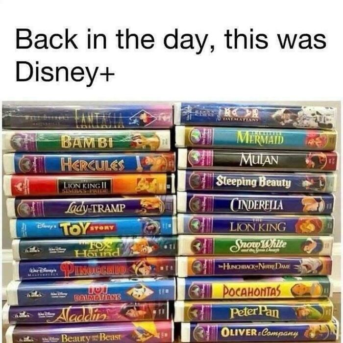 Stack of classic Disney VHS tapes from the 90s representing nostalgic kids entertainment memories.