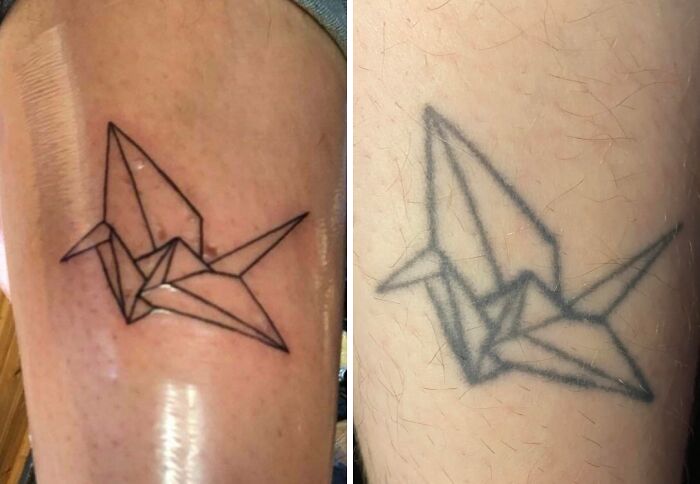 Before and after images of a truly awful tattoo showing a blurred and distorted origami bird design on skin.
