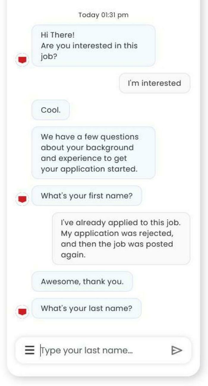 Chat screenshot of a rejected job applicant being re-asked to apply, epitomizing recruiting hell for a new job.