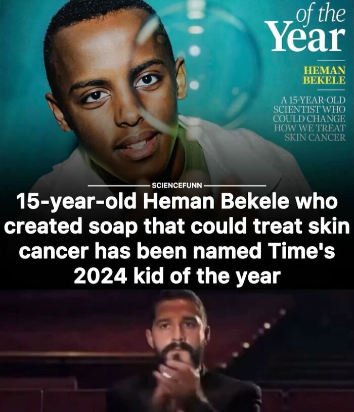 15-year-old scientist named Time’s 2024 kid of the year for creating soap to treat skin cancer, applauded by audience.