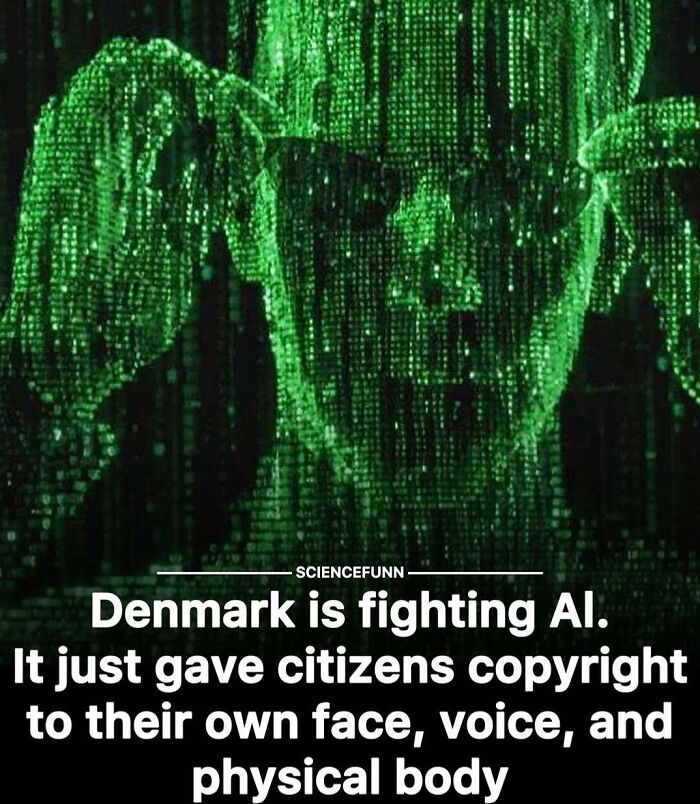 Green digital matrix background with text about Denmark fighting AI and citizens' rights to their face, voice, and body.