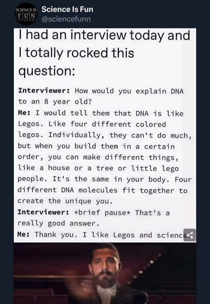 Science meme explaining DNA with Legos to simplify concepts for all ages, blending humor and interesting science posts.