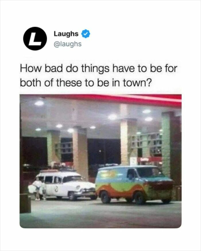 Meme showing iconic ghost-hunting vehicles at a gas station, perfect for funny memes to lighten your adult responsibilities.