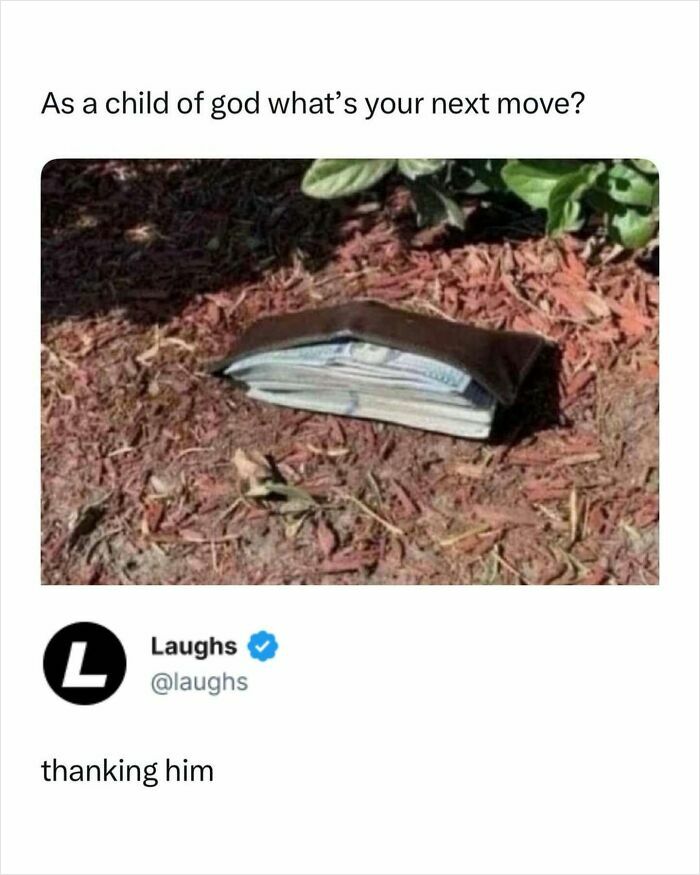 Funny meme showing a wallet full of cash on the ground with a humorous caption about being a responsible adult.