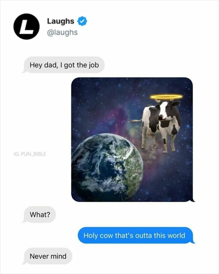 Funny meme with a holy cow joke in a text conversation, perfect for a break from being a responsible adult.