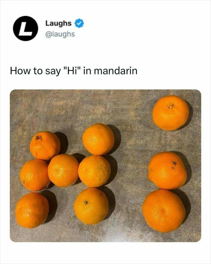 Funny memes showing oranges arranged to humorously represent the phrase "Hi" in Mandarin for a lighthearted break.
