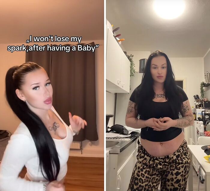 Woman with long black hair before and after giving birth, sharing experience of not losing her spark post-pregnancy.