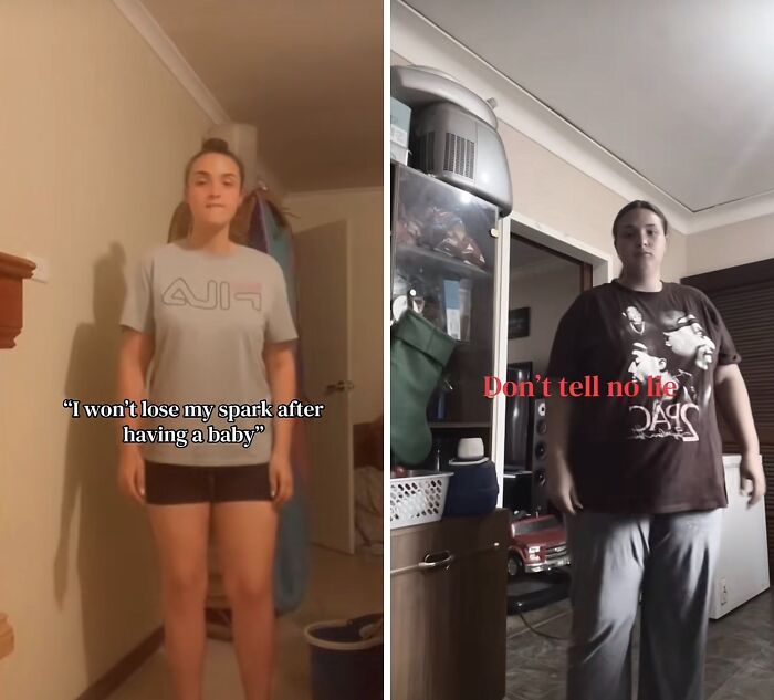 Two women standing indoors sharing their experiences about keeping their spark after giving birth.