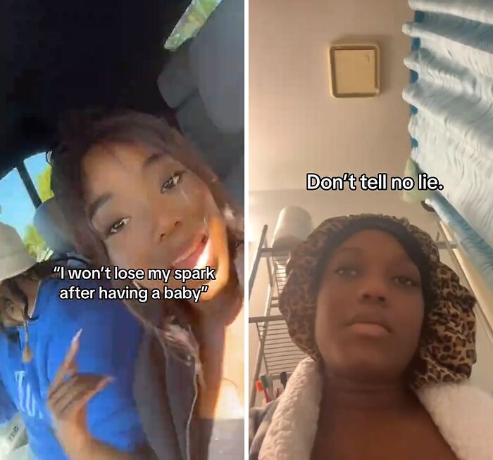 Two women, one smiling in a car and another with a headscarf indoors, discussing losing their spark after giving birth.