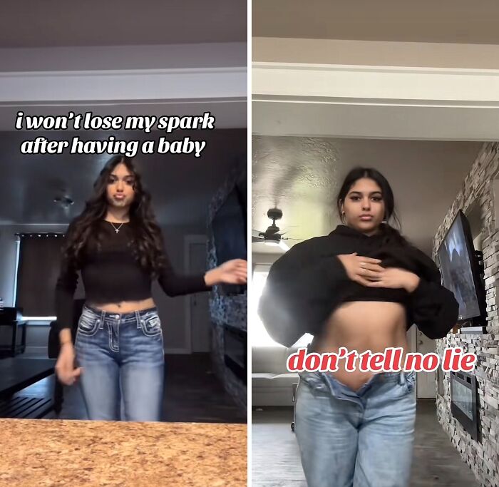 Woman sharing her experience of maintaining her spark after giving birth, showing confidence in casual outfits indoors.