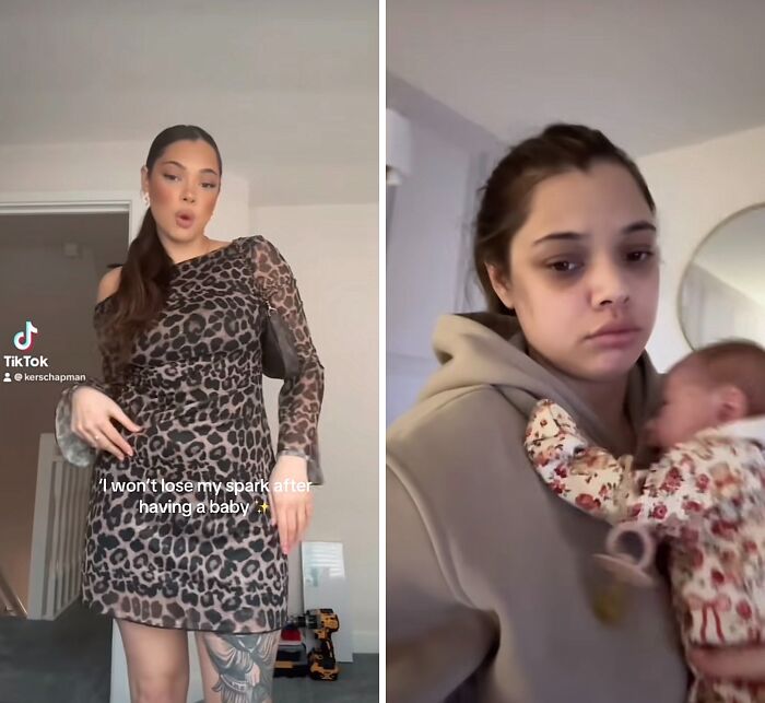 Side-by-side images of a woman showing confidence and then tiredness, representing spark after giving birth.