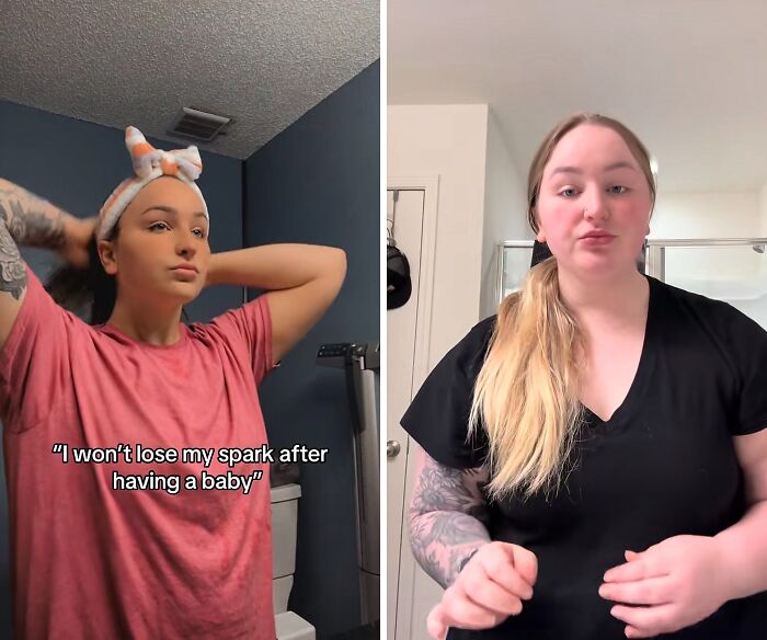 Two women sharing their experiences about maintaining their spark after giving birth in a casual home setting.