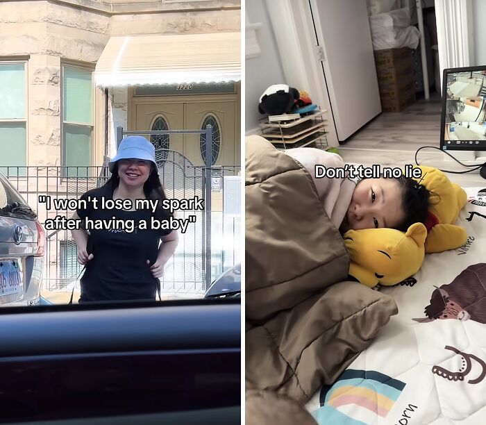 Woman smiling outdoors promising not to lose her spark after birth, child lying in bed with a playful expression.