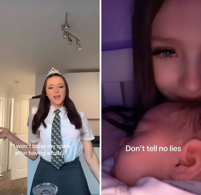 Woman wearing a crown and tie on left and close-up of woman with baby on right, sharing experiences of keeping their spark after birth.