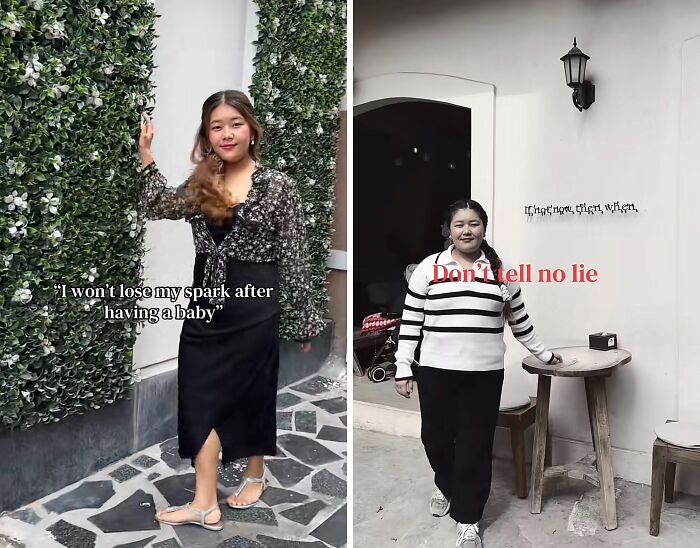 Woman confidently posing outdoors and indoors, sharing her experience about maintaining her spark after giving birth.