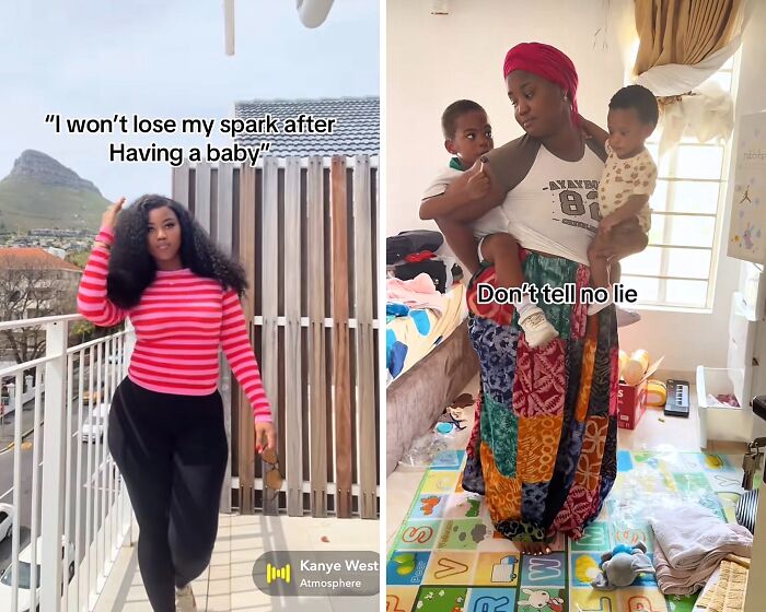 Woman in a red striped sweater and mother holding twins at home, illustrating women keeping their spark after giving birth