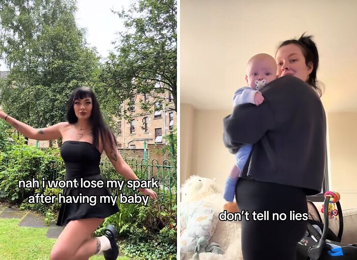 Two women shown side by side, one dancing outdoors and the other holding a baby indoors, sharing motherhood experiences.