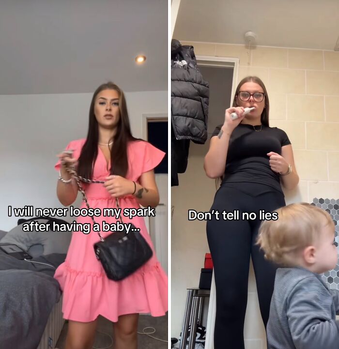 Two women share their experiences about maintaining their spark after giving birth, one dressed up and one casual.