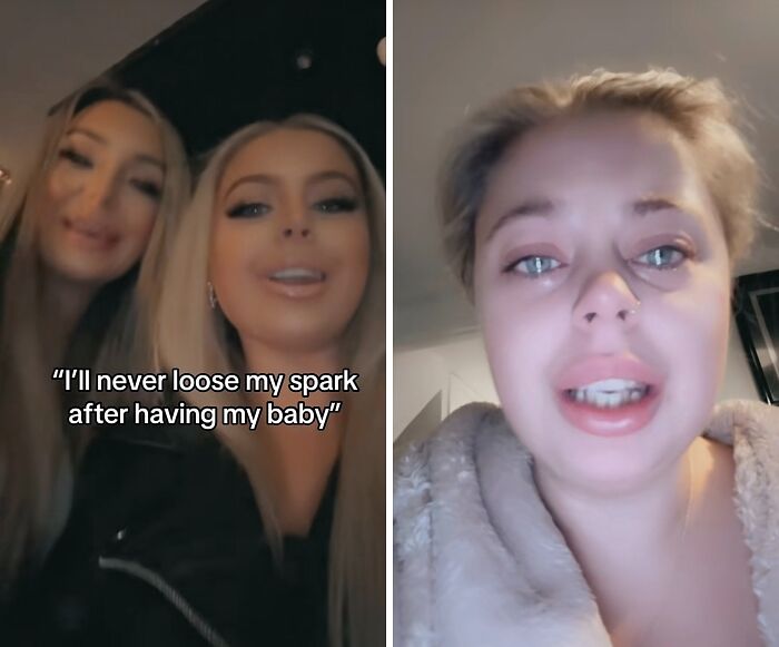 Two women sharing their experiences about not losing their spark after giving birth in casual indoor settings.