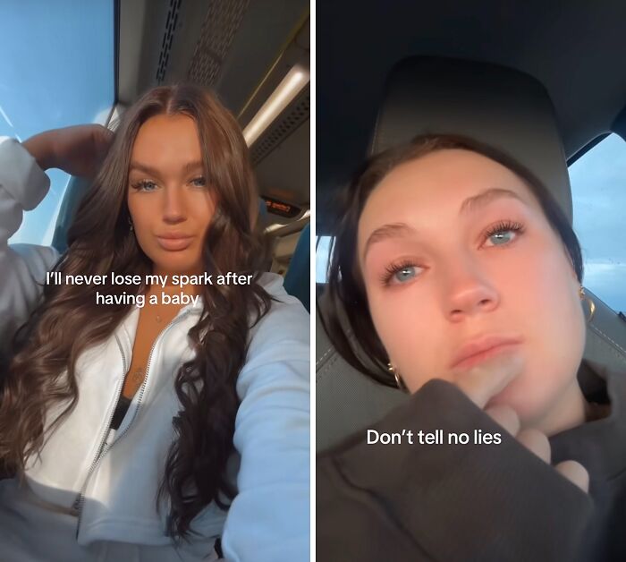 Two women sharing their experiences about keeping their spark after giving birth in casual settings.