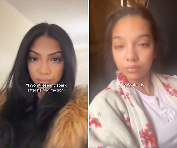 Two women in separate frames sharing their experiences about keeping their spark after giving birth in casual settings.