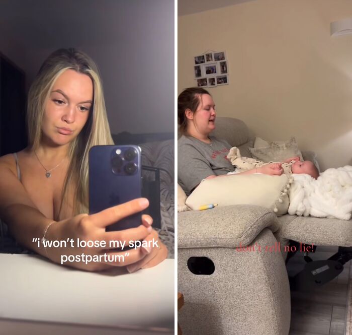 Two women sharing their postpartum experiences about maintaining their spark, one taking a selfie and the other with her baby.
