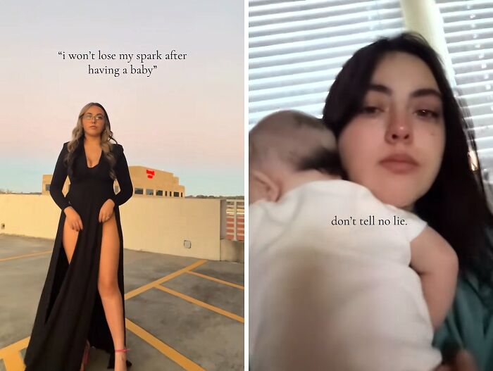 Two women showing the reality of maintaining their spark after giving birth, one dressed up, one holding a baby.