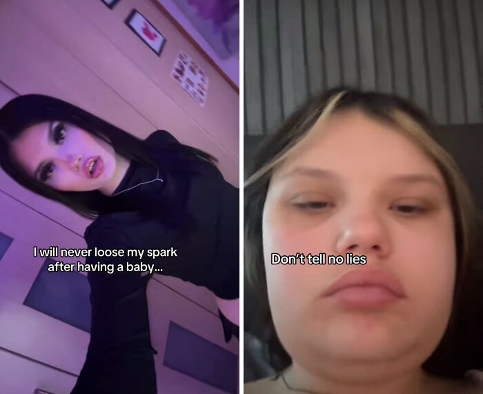 Two women sharing their experiences about not losing their spark after giving birth in split-screen selfies.