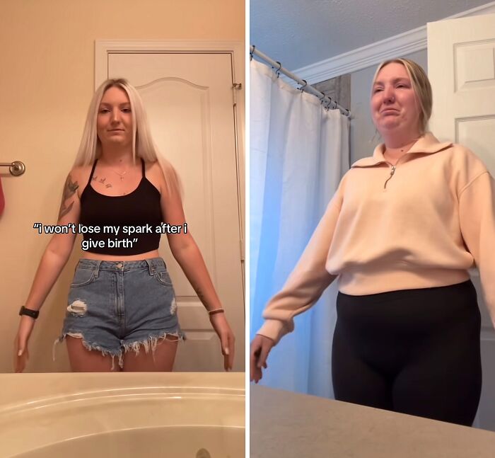 Woman sharing her postpartum journey showing if she kept her spark after giving birth in a home bathroom setting.