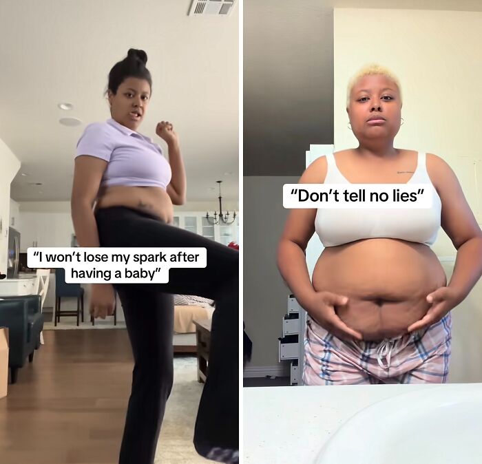 Two women showing postpartum bodies with text overlays about not losing their spark after giving birth.