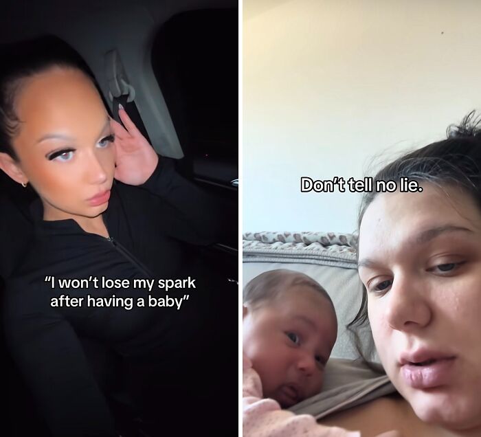 Woman vowing not to lose her spark after birth paired with mom and baby showing postpartum reality.