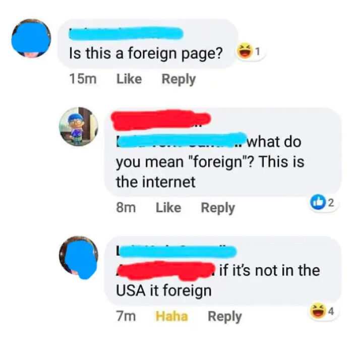 Online chat debate about what constitutes a foreign page on the internet, showing USA-centric views.