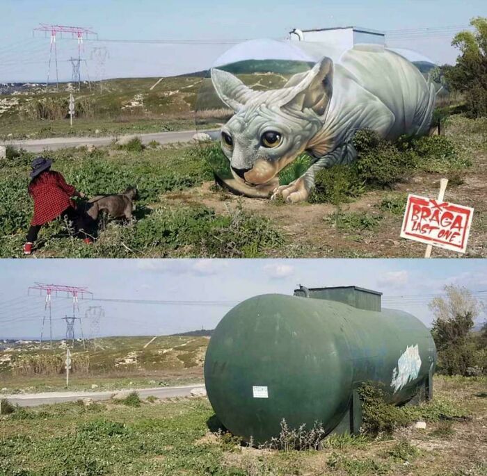 Amazing photo showing a giant Sphinx cat mural painted on a tank, a surprising sight that might brighten your day.