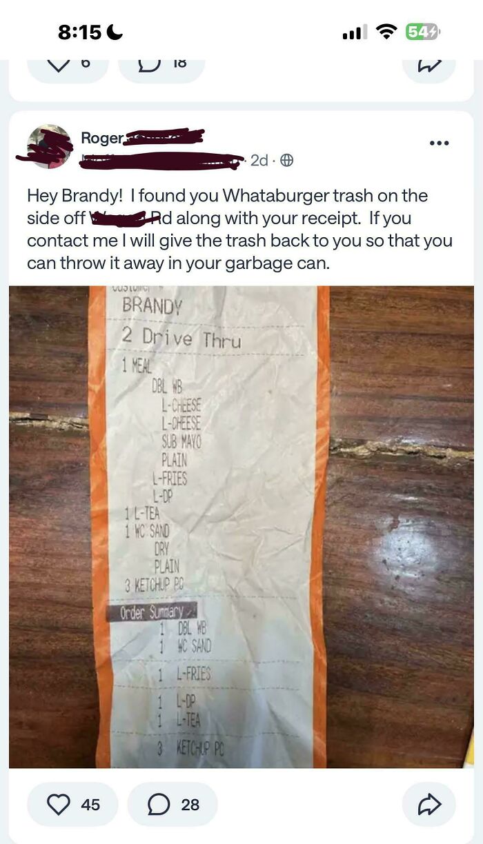 Hilarious neighborhood online community screenshot showing someone returning Whataburger trash with a receipt.