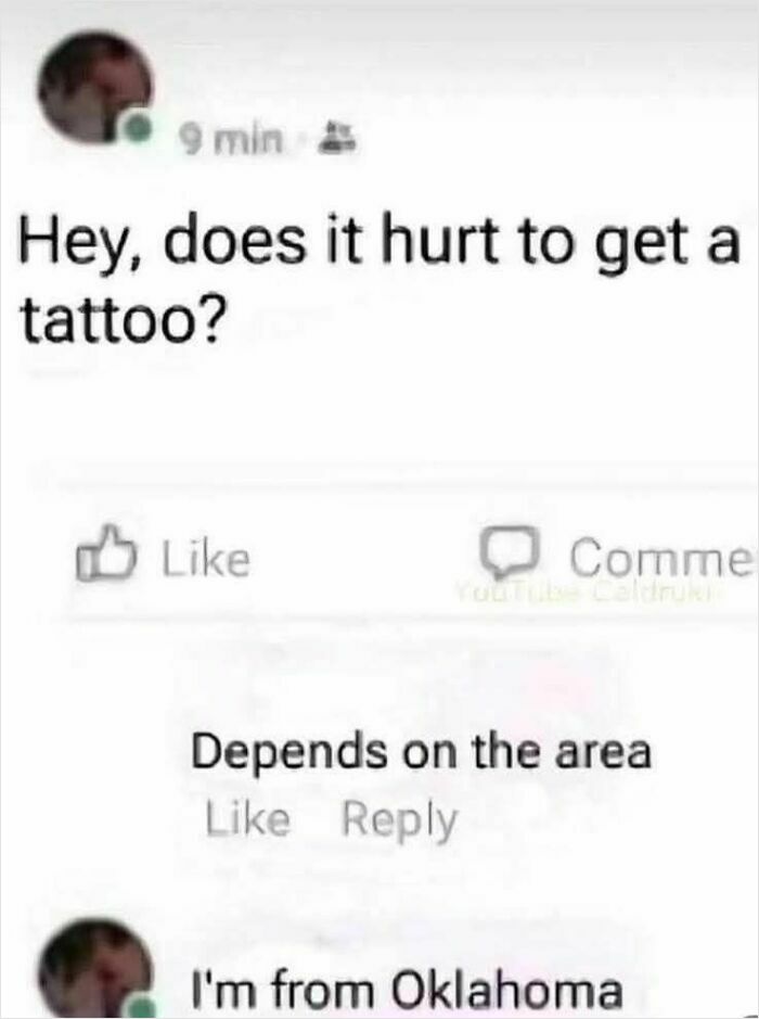 Social media post humorously exposing uncultured and ignorant Americans with a joke about tattoos and Oklahoma.
