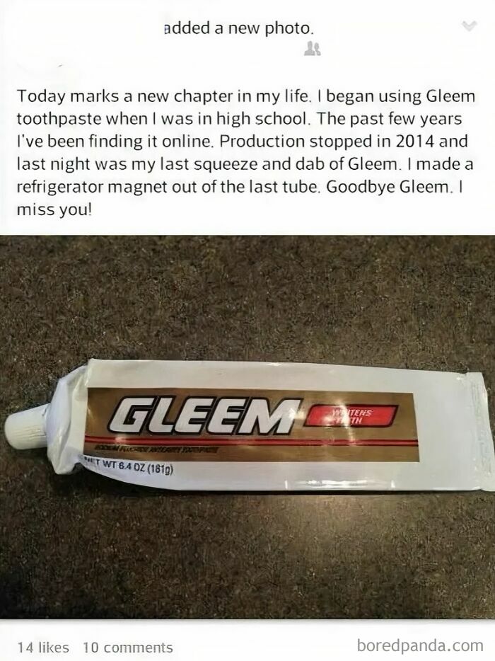 A tube of Gleem toothpaste with a note about its production ending, highlighting older people failing on the internet.