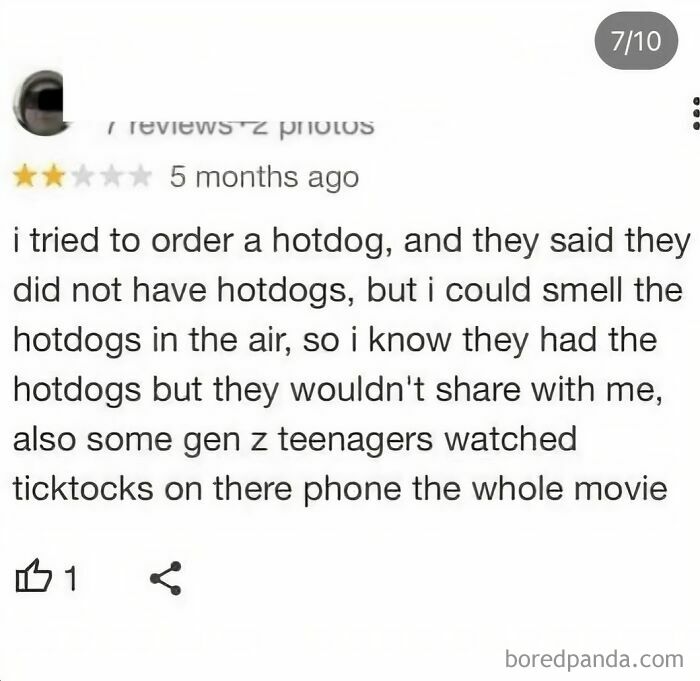 Funny online review where older person humorously fails at internet communication while ordering hotdog and observing Gen Z teens.