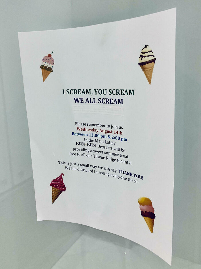 Mild vandalism on a flyer with ice cream cone stickers and altered text promoting a dessert event in a lobby.
