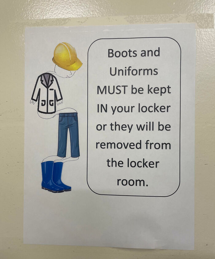 Sign with added doodles shows boots, uniform, and helmet separated as mild vandalism at locker room warning.