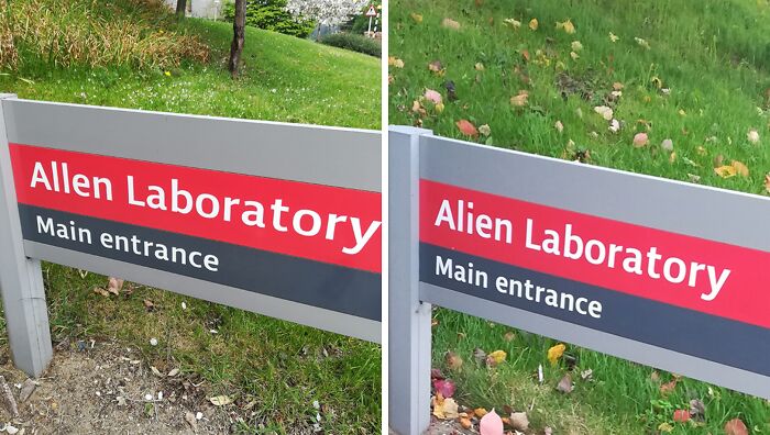 Sign showing mild vandalism with "Allen Laboratory" changed to "Alien Laboratory" on a main entrance sign outdoors.