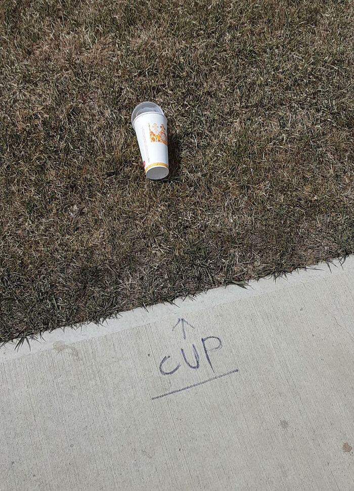 Plastic cup on dry grass with word cup and arrow drawn on concrete, mild vandalism example outdoors.