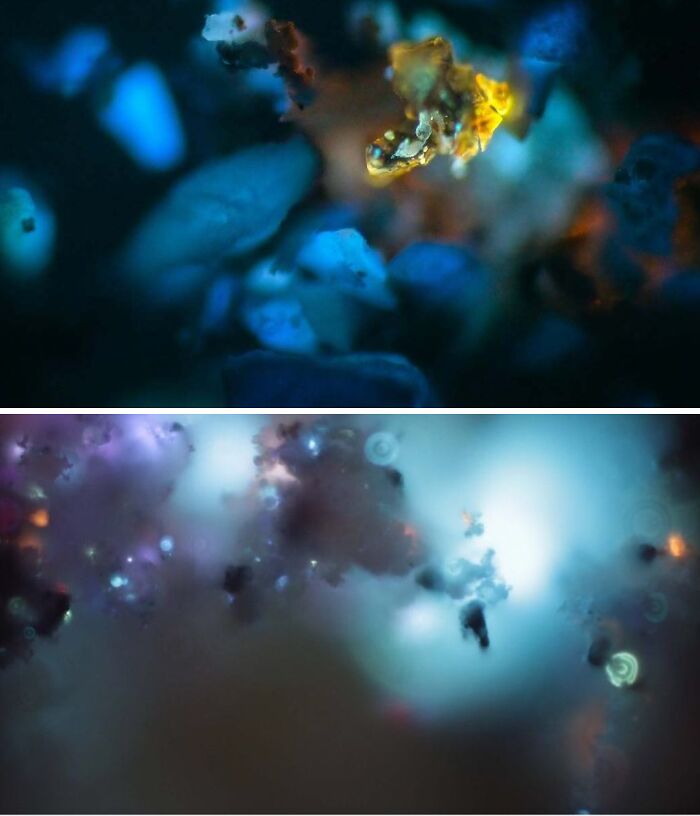 Abstract close-up images showcasing unreal photos with vibrant colors and glowing particles in a dark setting.