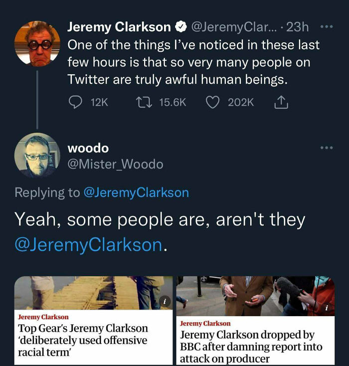 Twitter exchange showing people having their words used against them on social media featuring Jeremy Clarkson.