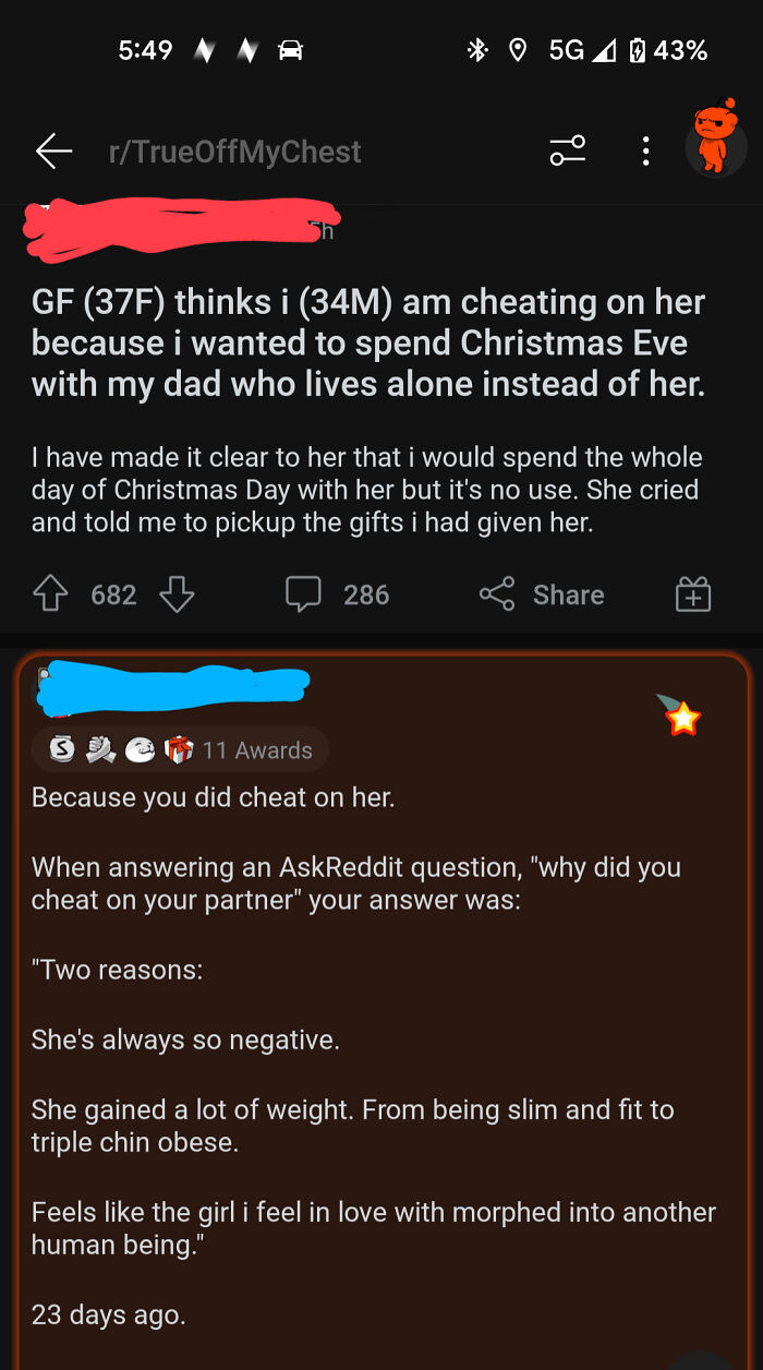 Reddit post showing a relationship argument example where words were used against someone on social media.