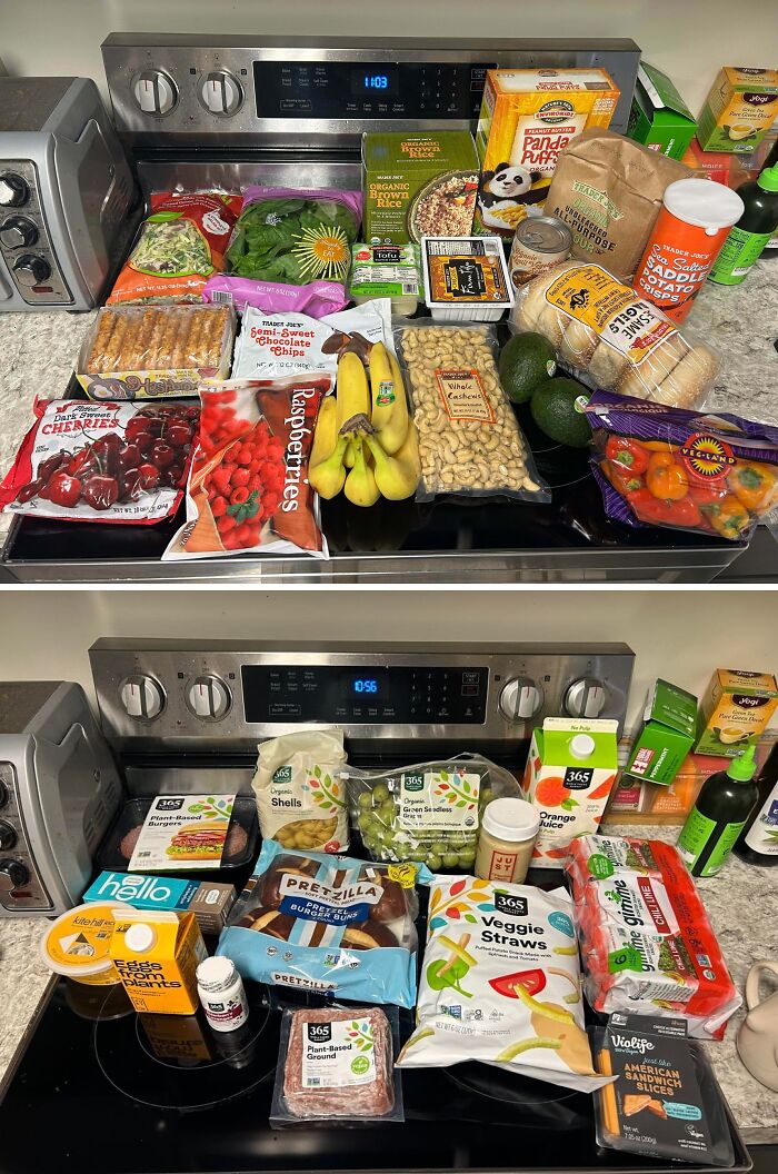 Two sets of groceries on stovetops, showcasing the variety and cost of groceries where people live for cost comparison.