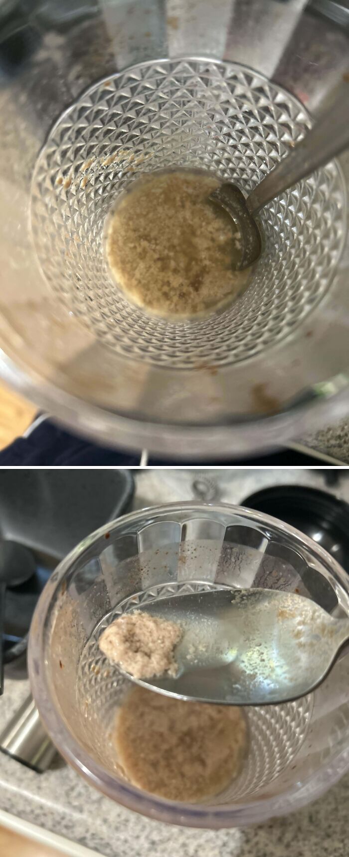 Close-up of strange pics showing a mysterious clump of substance inside a textured glass, capturing utter confusion.