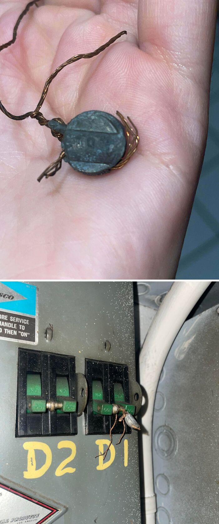 Close-up of a rusty electronic component and an electrical panel with unusual wiring in strange pics showing confusion.
