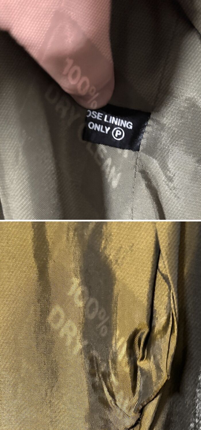 Close-up of a jacket lining showing a confusing 100% polyester label and material texture in a strange pic.