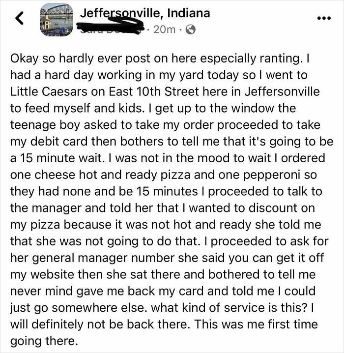 Alt text: Entitled Karen complains about poor service at Little Caesars, showing frustration and lack of shame in a public rant.
