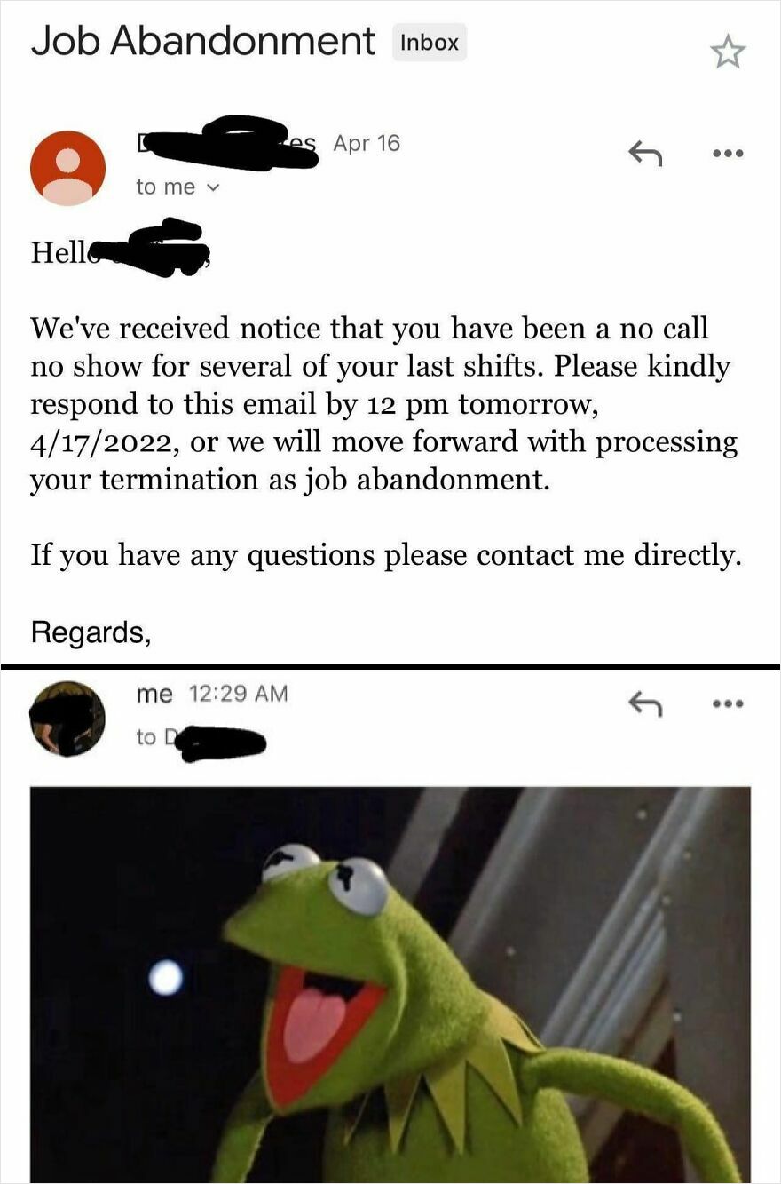 Email screenshot showing a job abandonment warning followed by a humorous image reply, highlighting funny emails using ChatGPT.